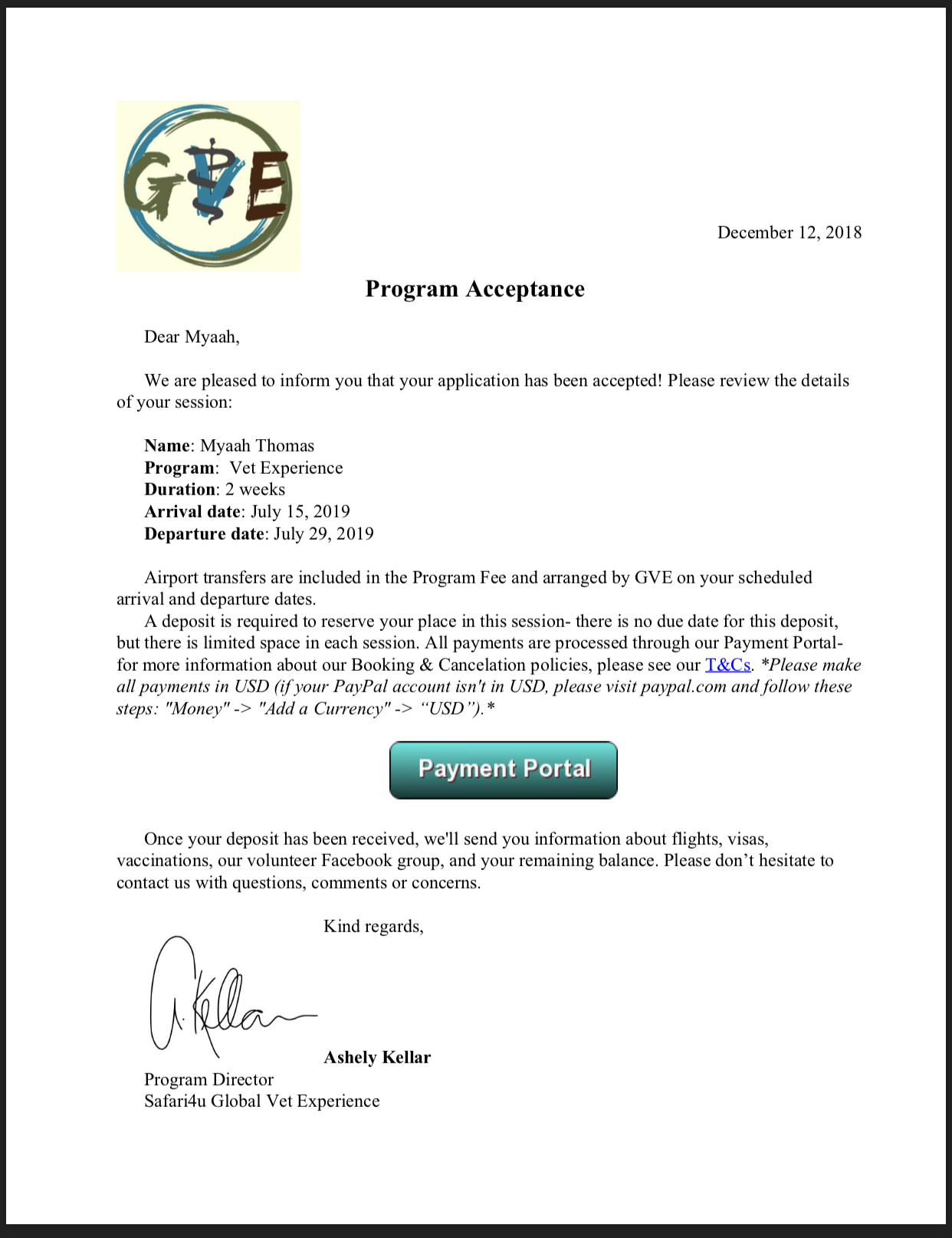 Program Acceptance Letter