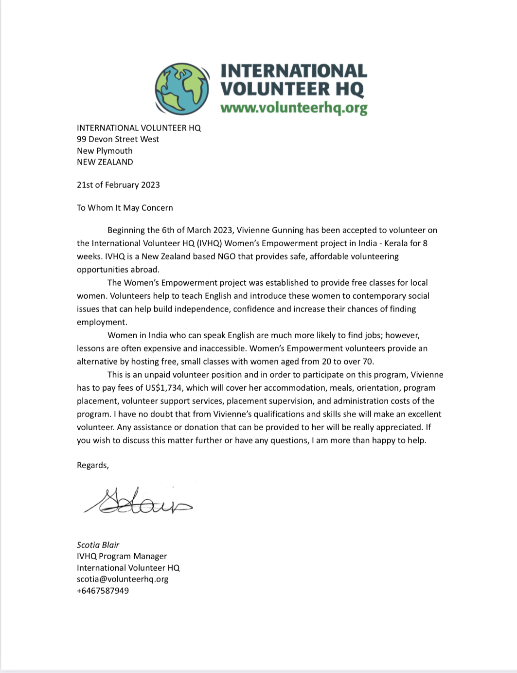 Verification Letter for fundraising efforts; IVHQ